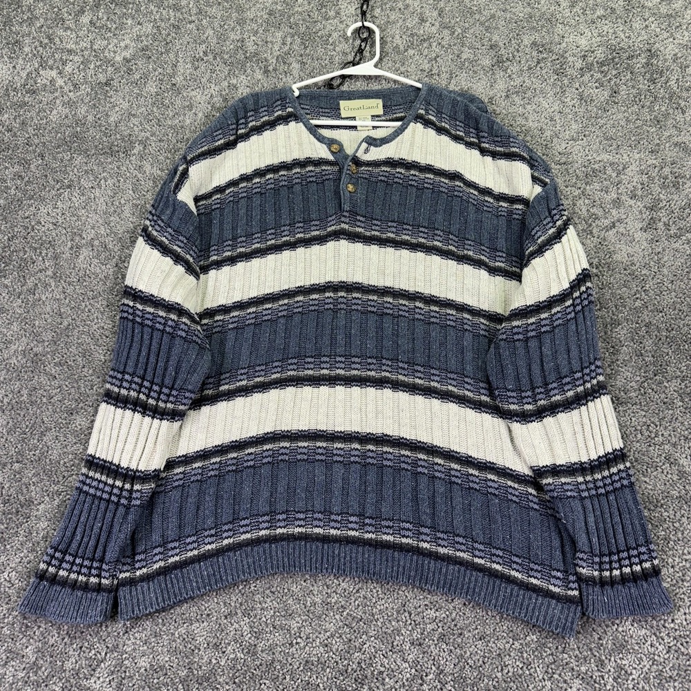 Vintage GreatLand Sweater Mens 2XL Blue Striped Henley Knit Heavyweight Casual